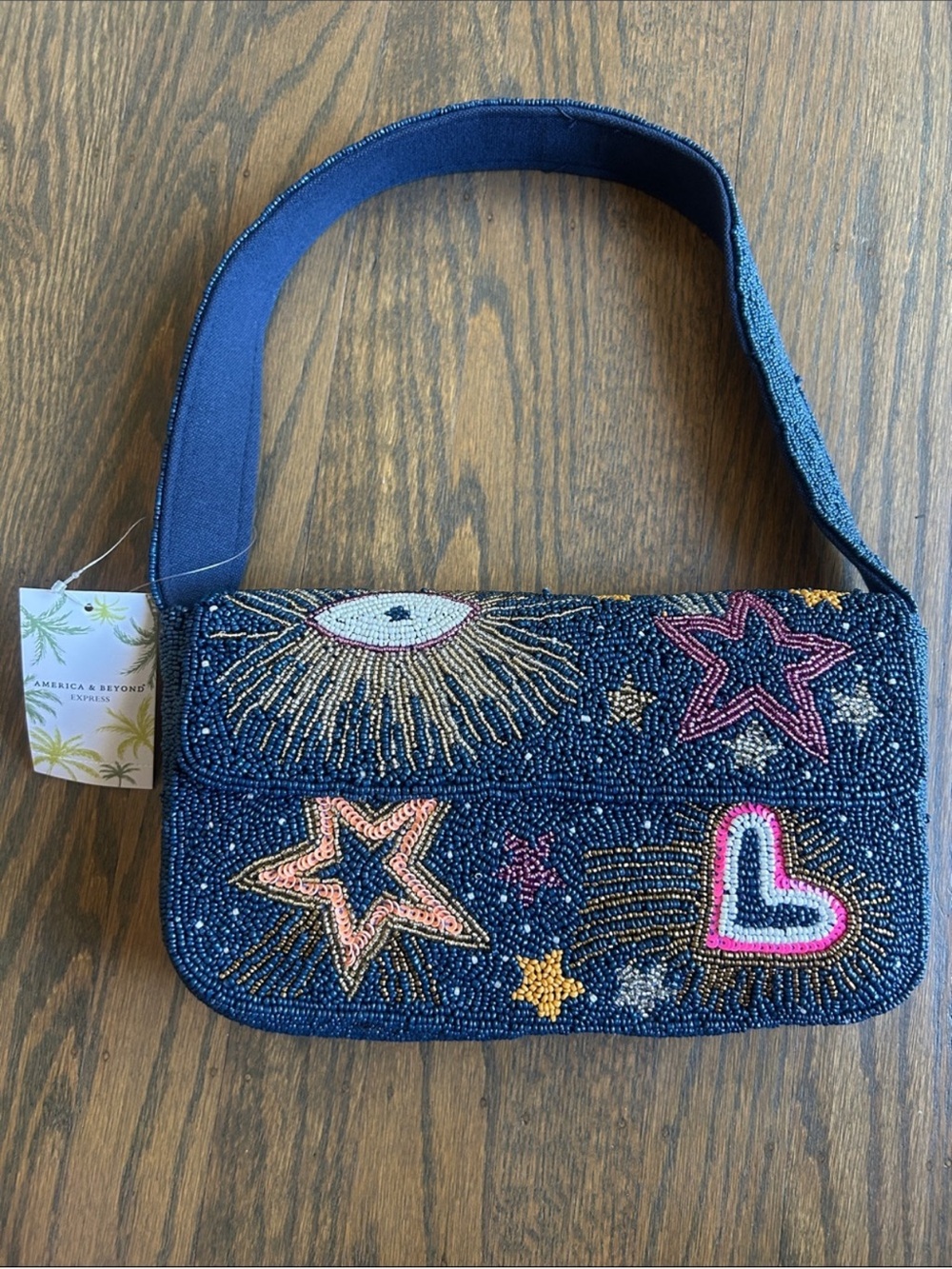 America & Beyond Beaded Navy Shoulder Bag with Star, Heart & Sun Embellishments
